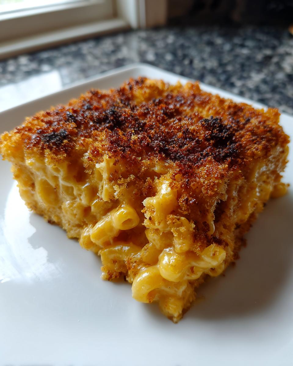 A square serving of creamy baked mac and cheese with a dark, crispy breadcrumb topping on a white plate.