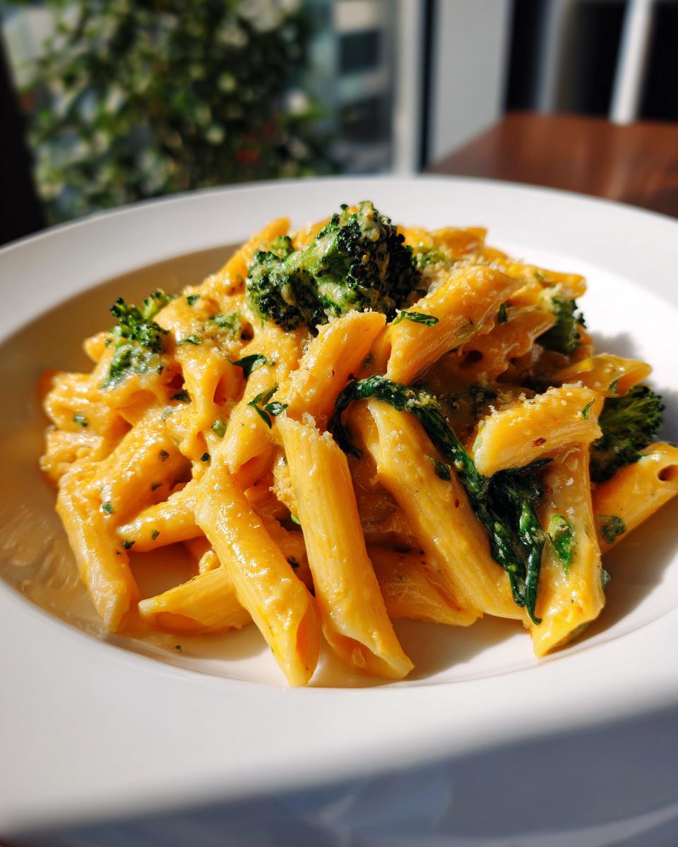 A close-up of creamy, orange-sauced penne pasta mixed with bright green broccoli florets in a white bowl, showcasing the broccoli pasta dish.