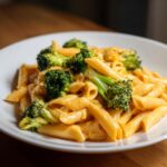 A close-up of creamy penne broccoli pasta served in a white bowl on a wooden surface.
