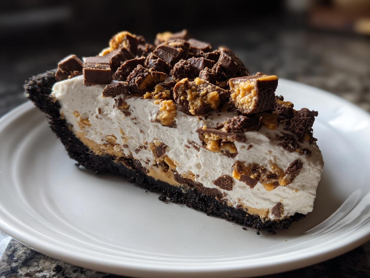 A generous slice of creamy butterfinger pie featuring a dark chocolate crust, white filling, and topped with chopped Butterfinger candy pieces.