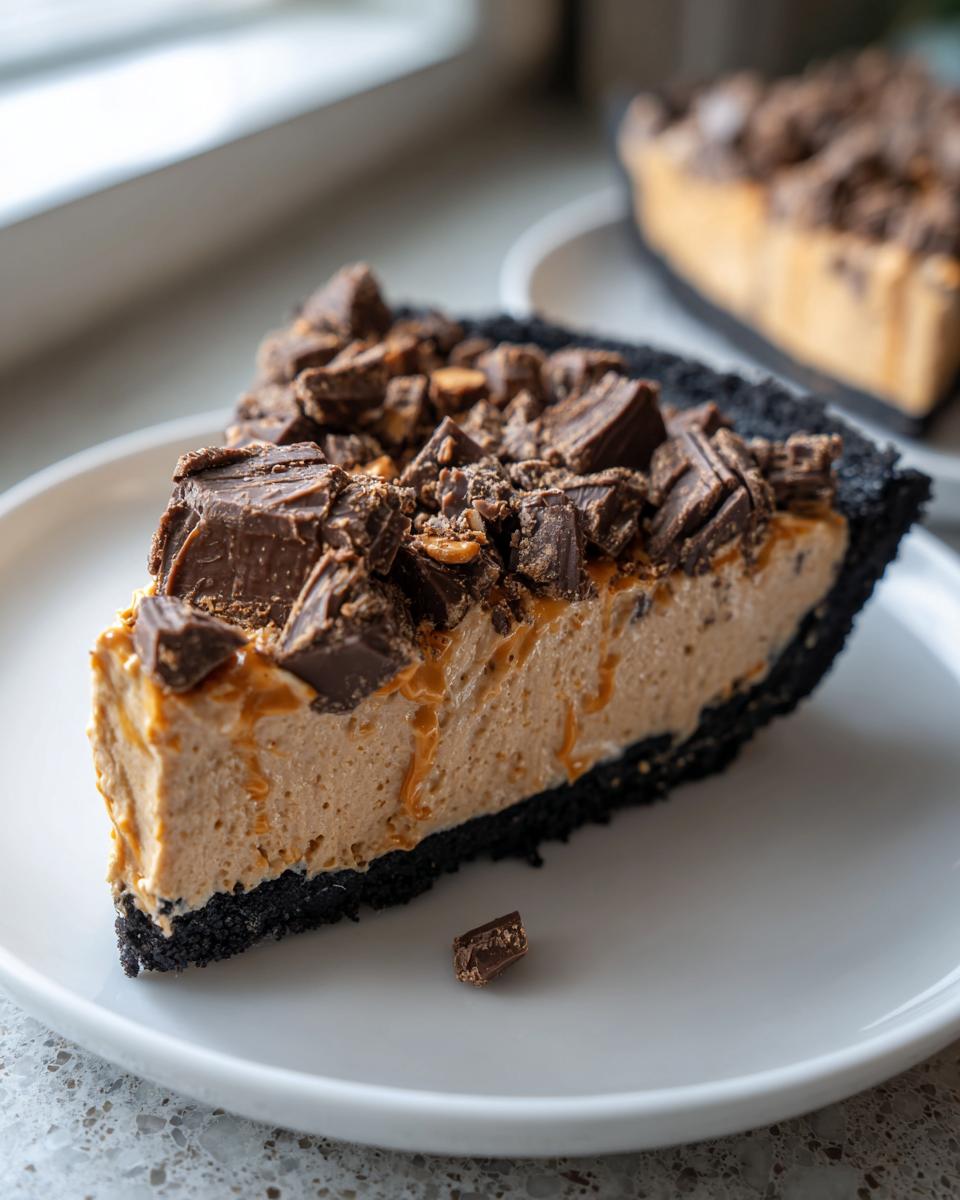 A thick slice of creamy butterfinger pie with a dark chocolate crust, topped generously with chopped Butterfinger pieces.