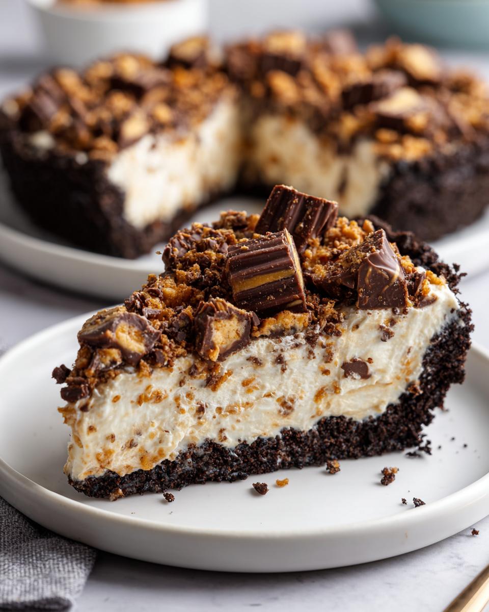 A close-up slice of creamy butterfinger pie featuring a dark crust, light filling, and chopped candy topping.