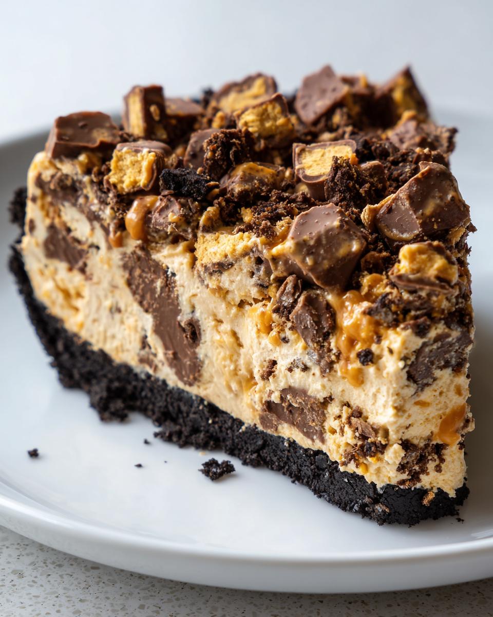 Close-up of a generous slice of creamy butterfinger pie with a dark chocolate crust and loaded with candy pieces.