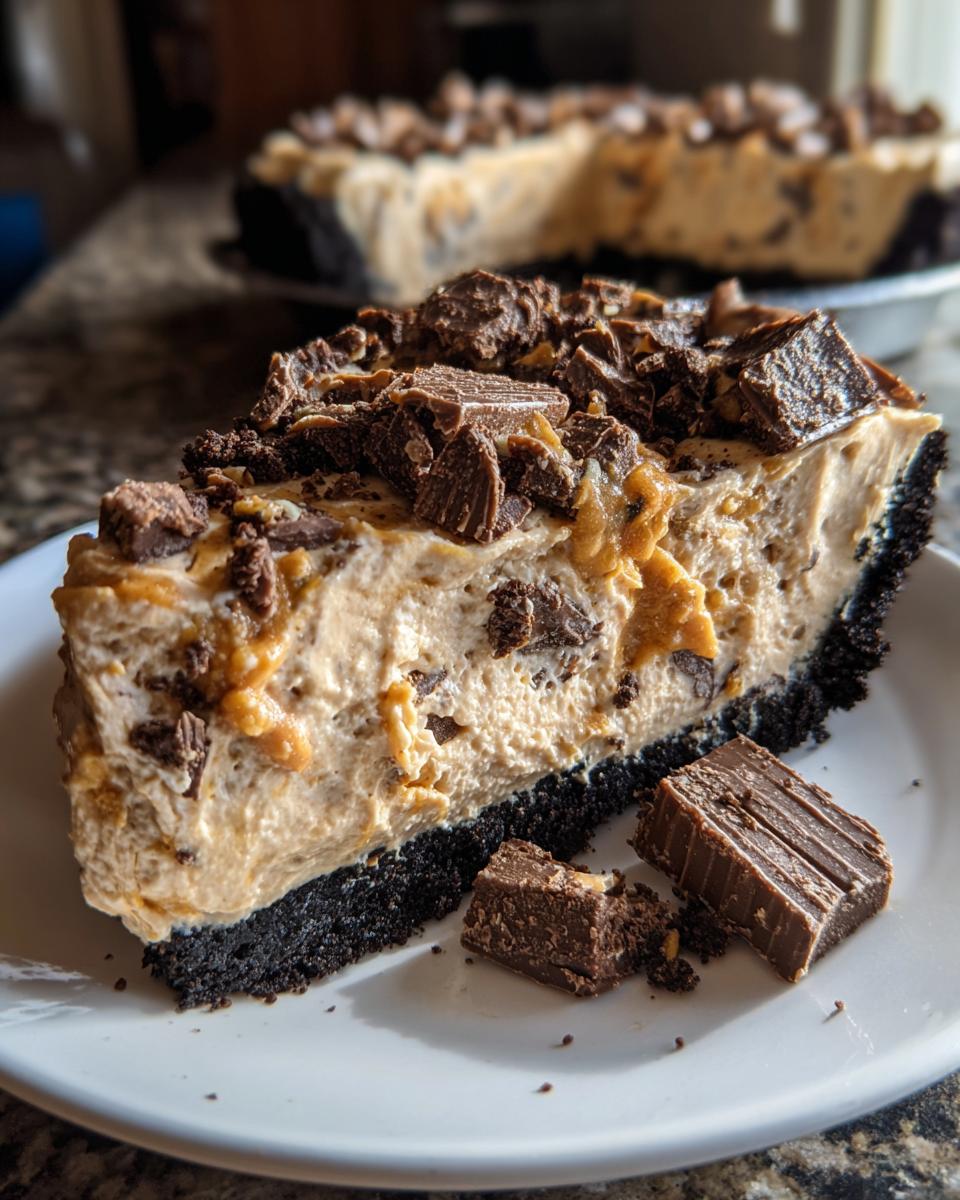 Close-up of a thick slice of creamy butterfinger pie with a dark crust, topped generously with chopped candy pieces.