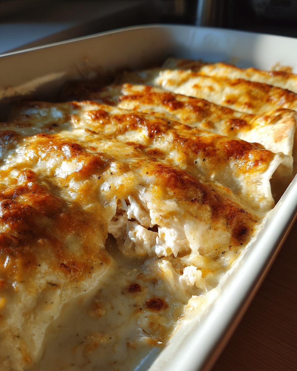 Close-up of baked chicken enchiladas covered in melted, browned cheese and creamy sauce, showing shredded chicken filling.
