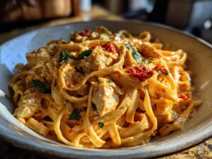 Close-up of creamy chicken pasta featuring fettuccine noodles, chunks of chicken, and sun-dried tomatoes.