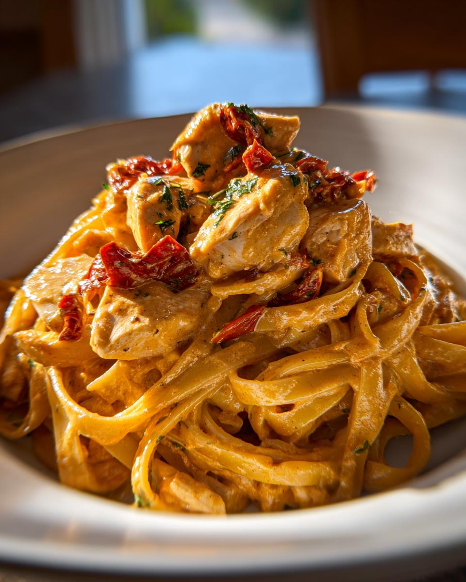 Close-up of creamy chicken pasta featuring fettuccine noodles, chunks of chicken, and sun-dried tomatoes.