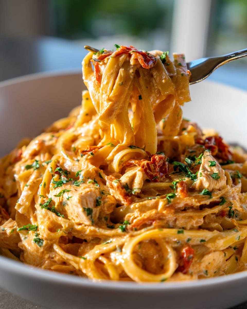A fork lifting a generous portion of creamy chicken pasta, rich with sun-dried tomatoes and parsley garnish.
