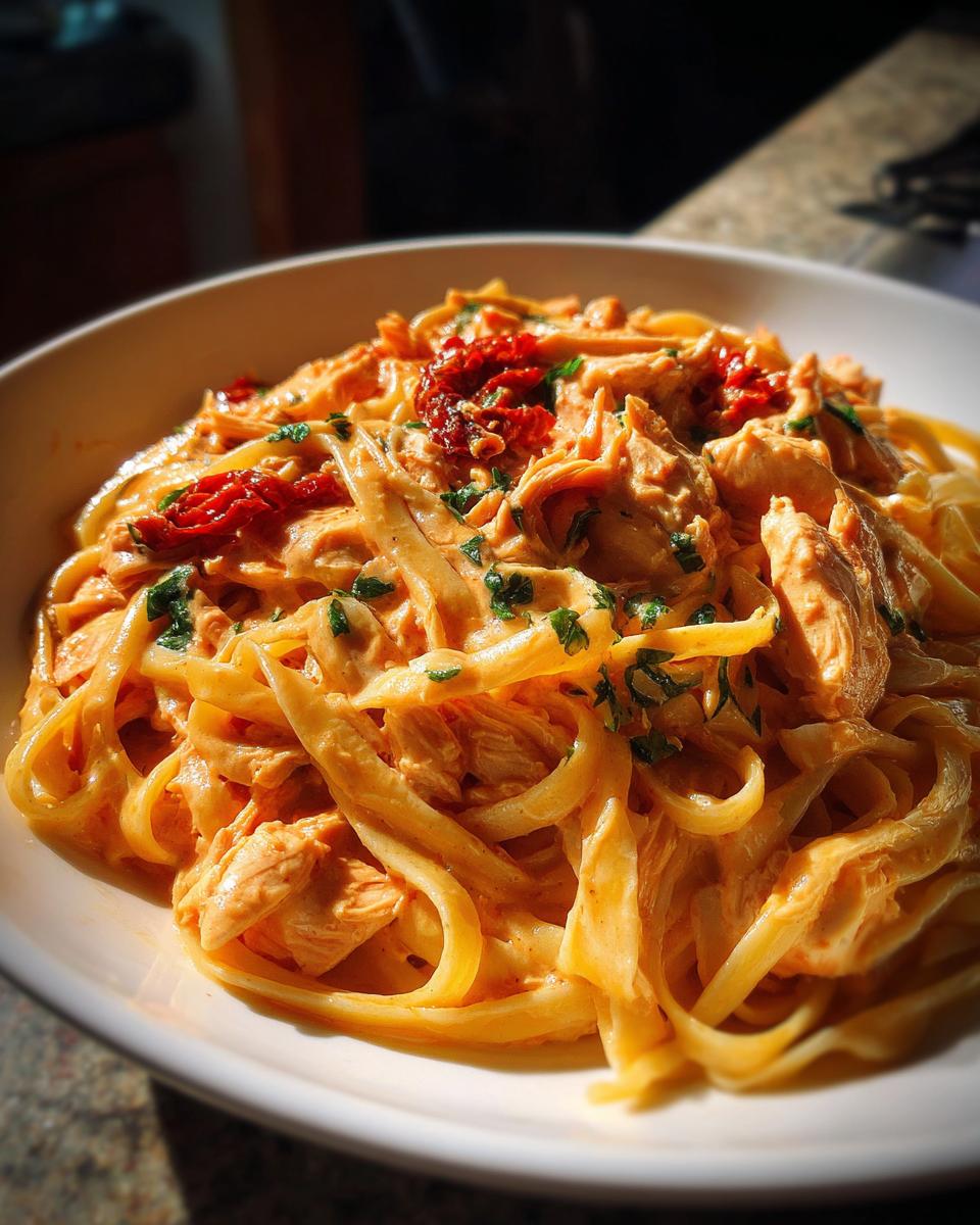 Close-up of creamy chicken pasta featuring fettuccine, shredded chicken, and sun-dried tomatoes.