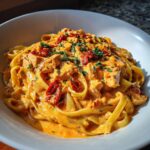 Close-up of creamy chicken pasta featuring fettuccine, chunks of chicken, and sun-dried tomatoes, garnished with parsley.
