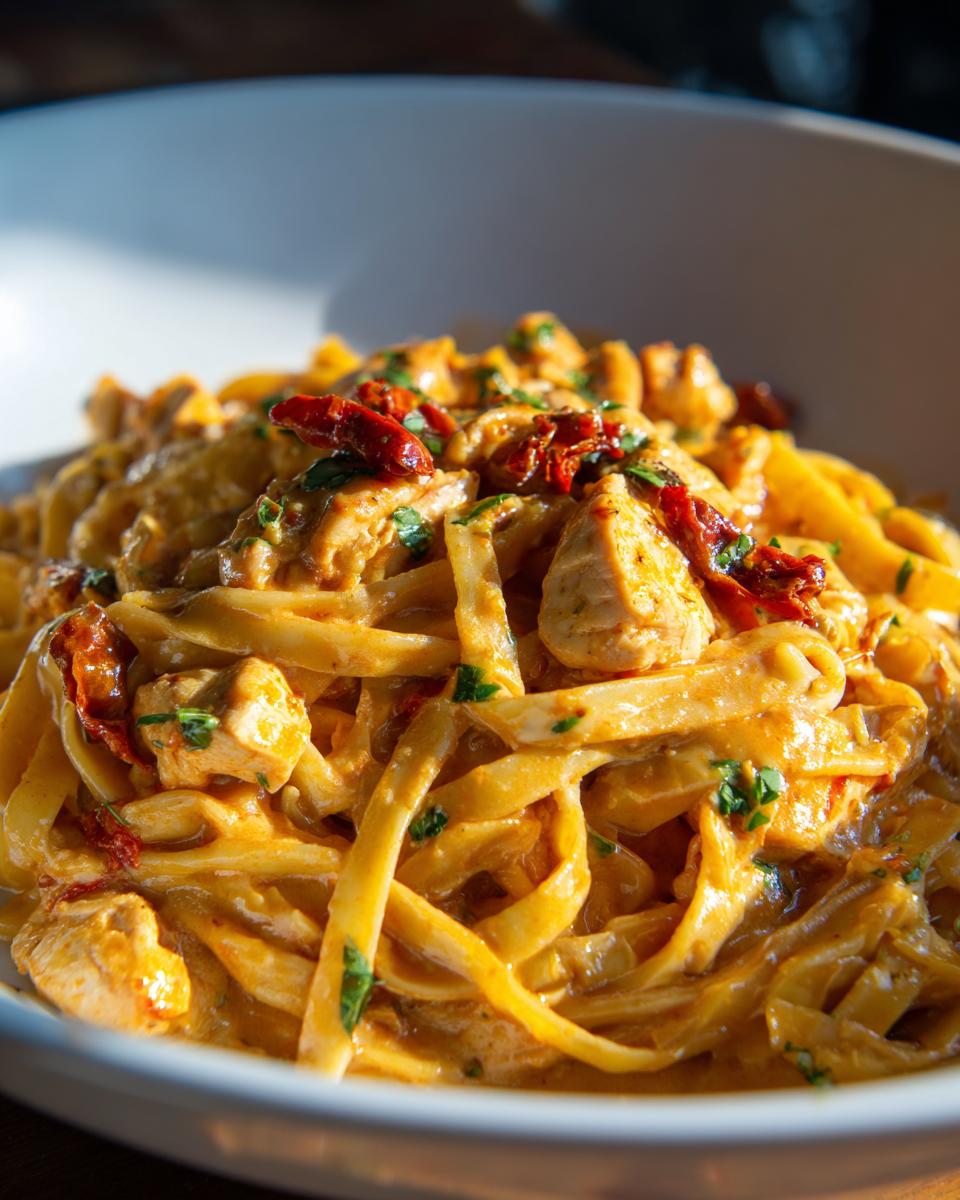 Close-up of creamy chicken pasta featuring fettuccine noodles, chunks of chicken, and sun-dried tomatoes.