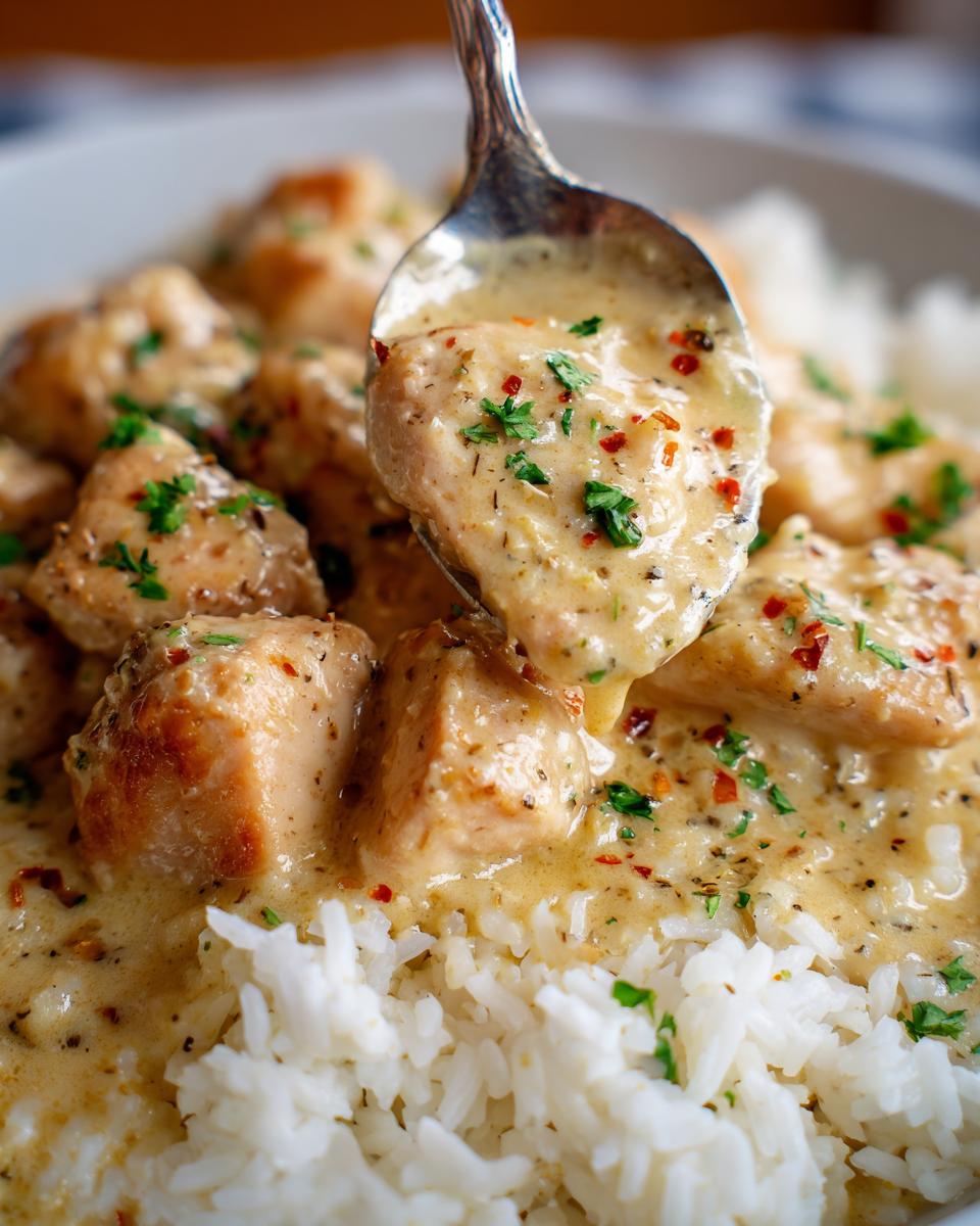 A spoonful of creamy chicken scampi sauce coating tender chicken pieces served over white garlic parmesan rice.