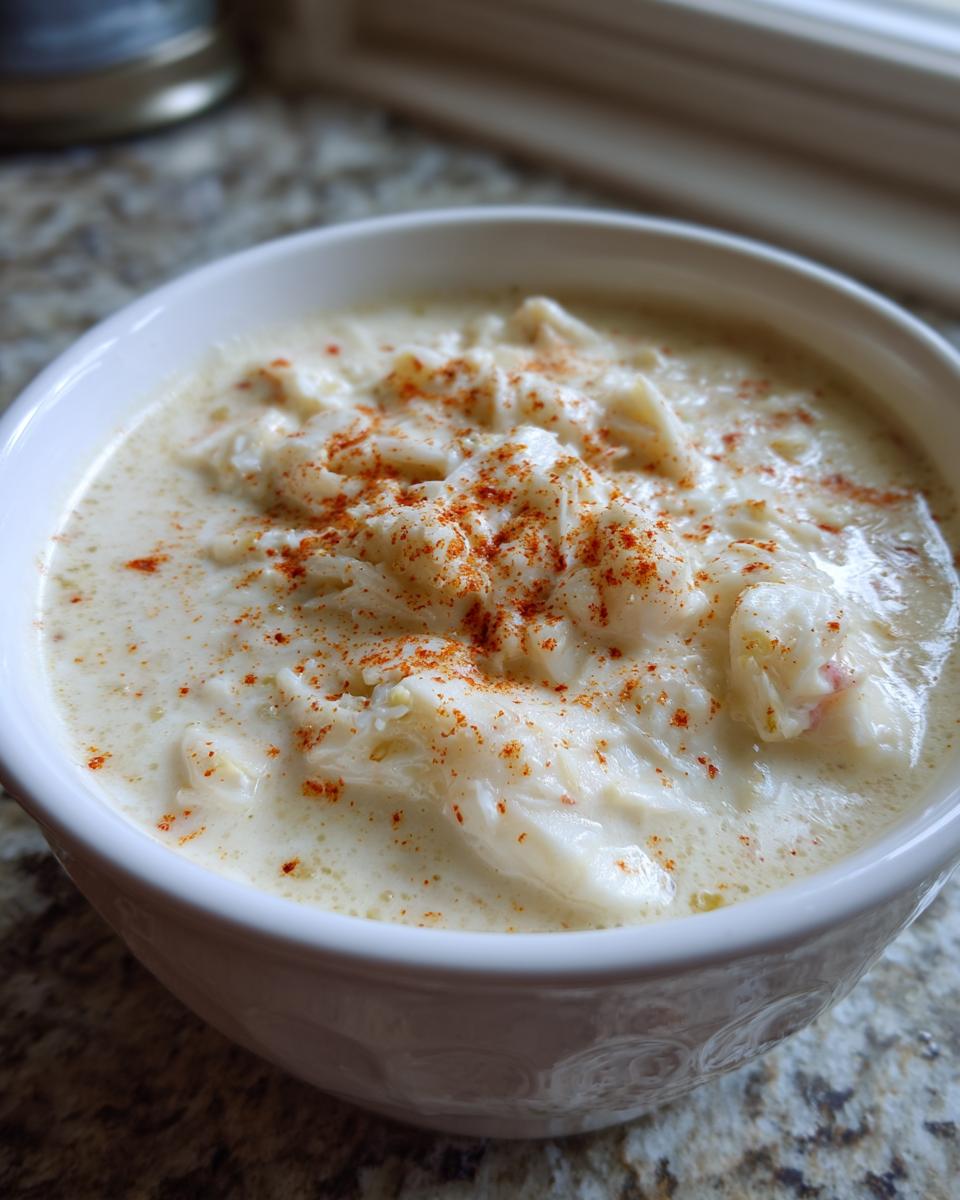 Close-up of a white bowl filled with creamy crab soup, topped generously with shredded crab meat and paprika.