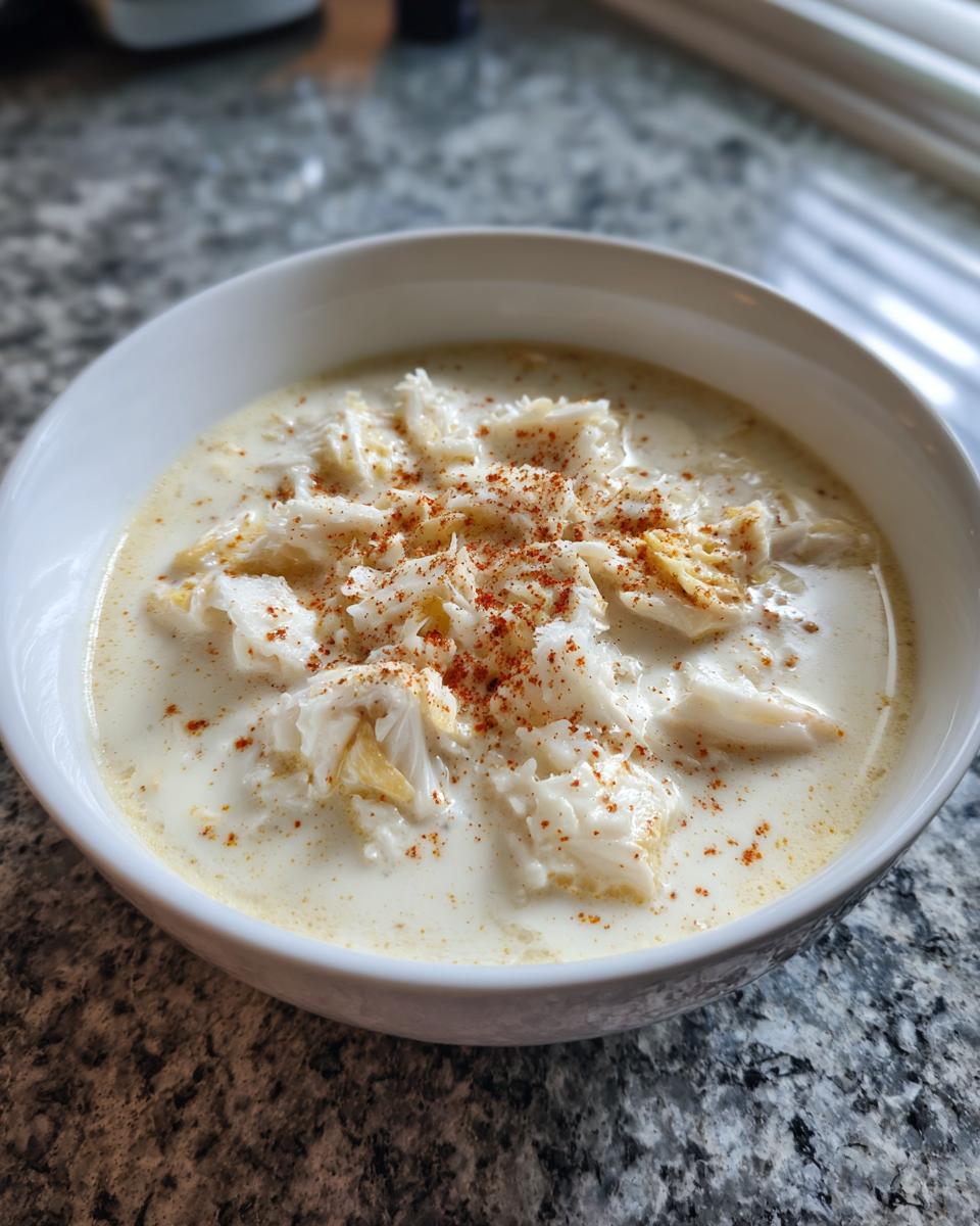 A close-up of a white bowl filled with creamy crab soup generously topped with large flakes of white crab meat and paprika.