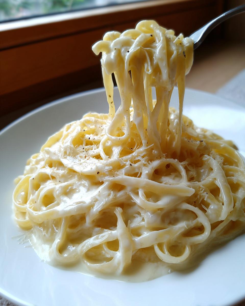 A fork lifting creamy fettuccine coated in rich homemade alfredo sauce, topped with grated cheese.