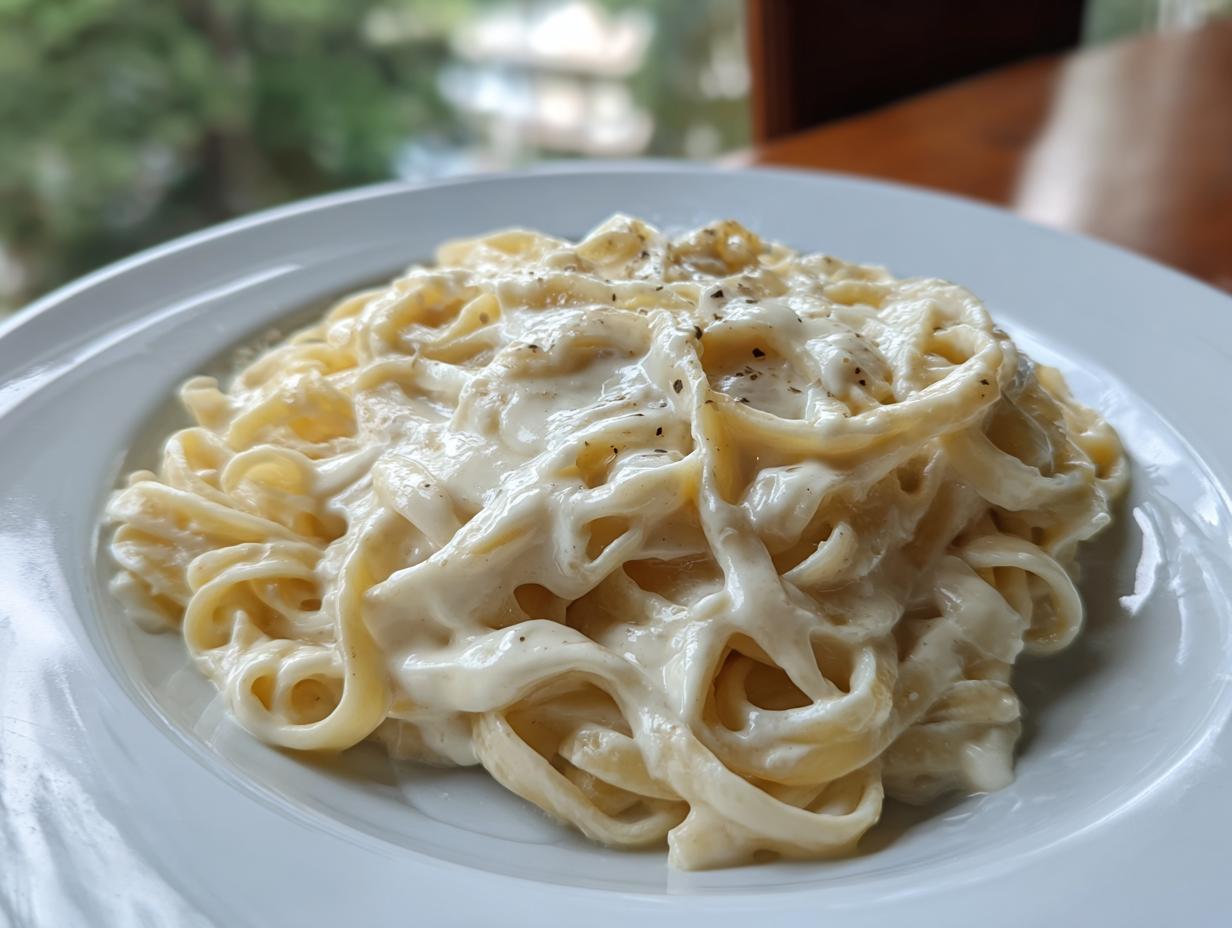 Close-up of fettuccine pasta generously coated in rich, creamy homemade alfredo sauce and topped with black pepper.