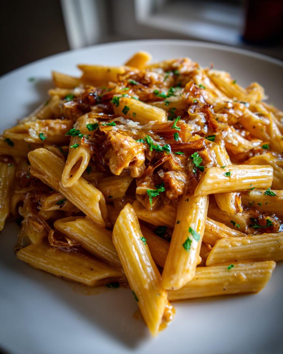 A close-up of creamy french onion pasta made with penne, topped with caramelized onions and parsley.
