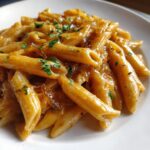 A close-up shot of creamy french onion pasta made with penne, topped with caramelized onions and fresh parsley.