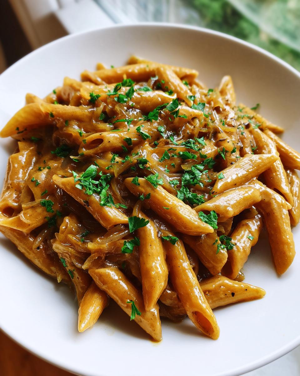 A close-up shot of creamy french onion pasta made with penne, topped with caramelized onions and fresh parsley.