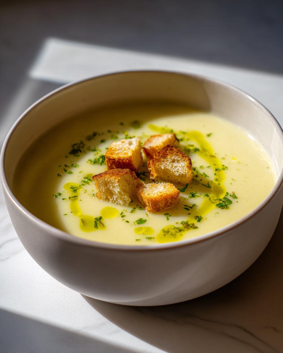 A creamy bowl of garlic soup topped with golden croutons, olive oil drizzle, and fresh parsley.