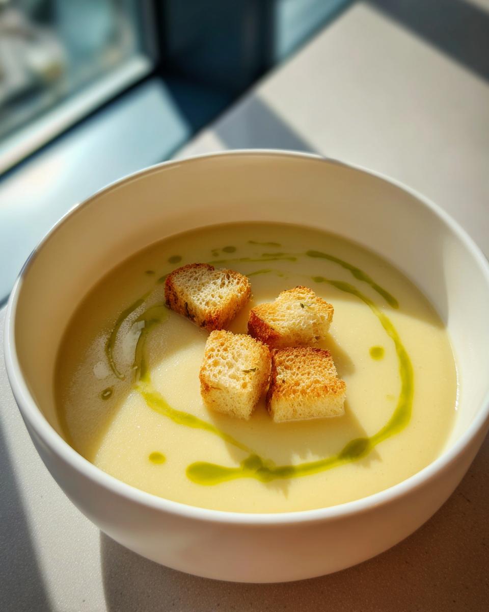 A bowl of smooth, creamy garlic soup topped with four golden croutons and a drizzle of green oil.