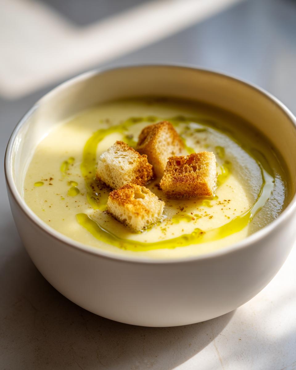 A white bowl filled with creamy garlic soup, topped with golden croutons and a drizzle of olive oil.