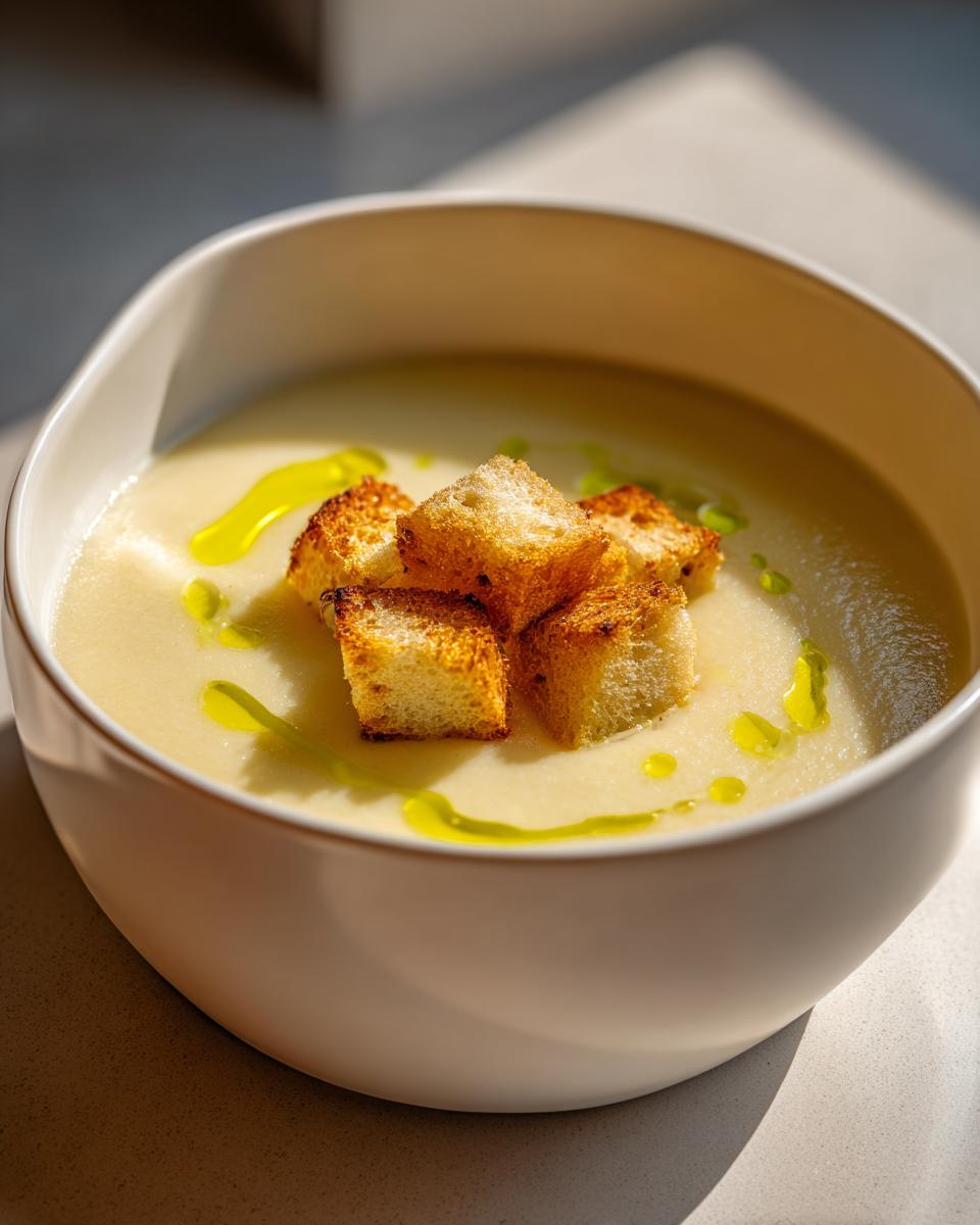 Close-up of a creamy bowl of garlic soup topped with golden croutons and a drizzle of olive oil.