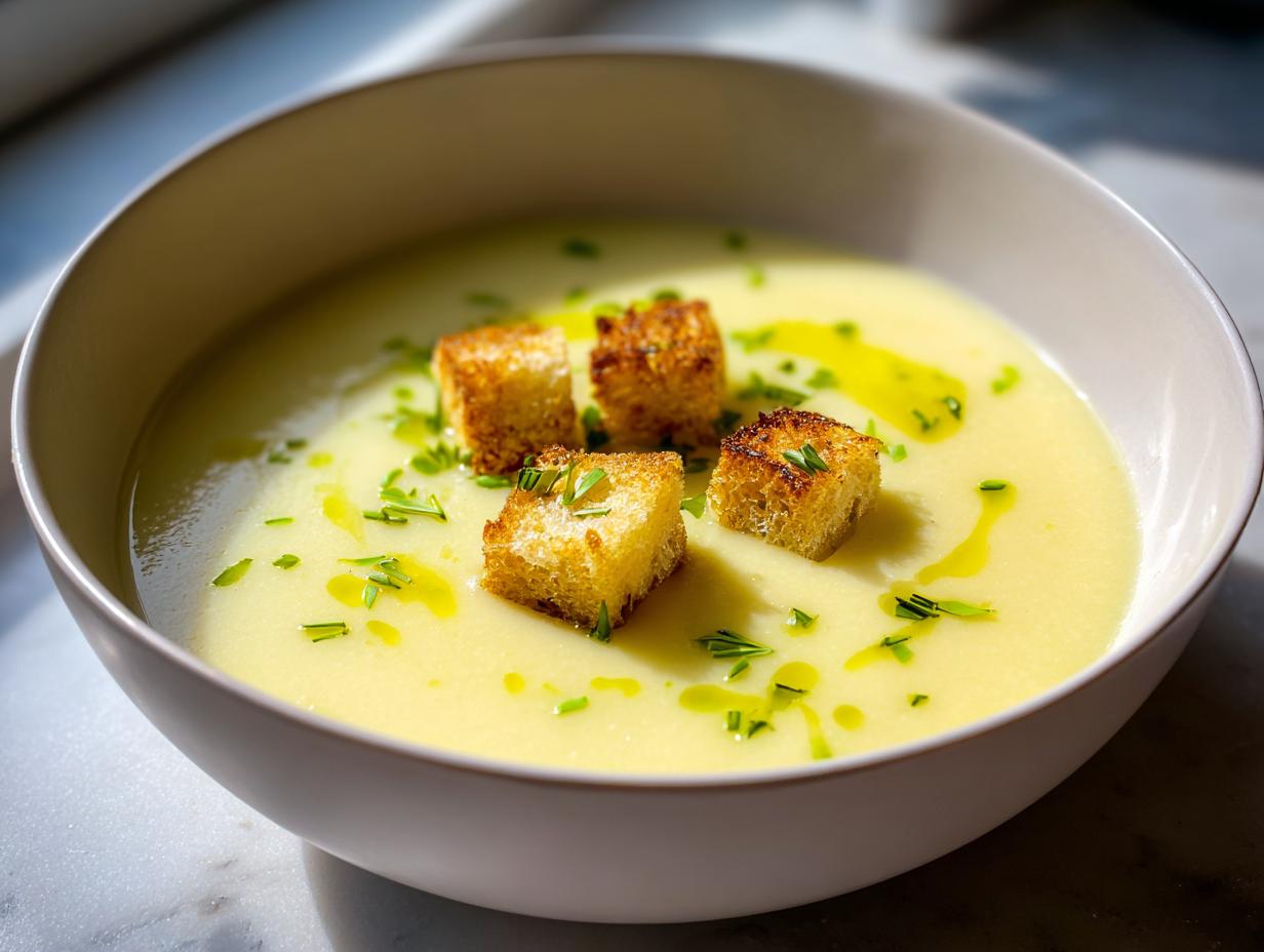 A bowl of creamy, light yellow garlic soup topped with golden croutons, chives, and olive oil.