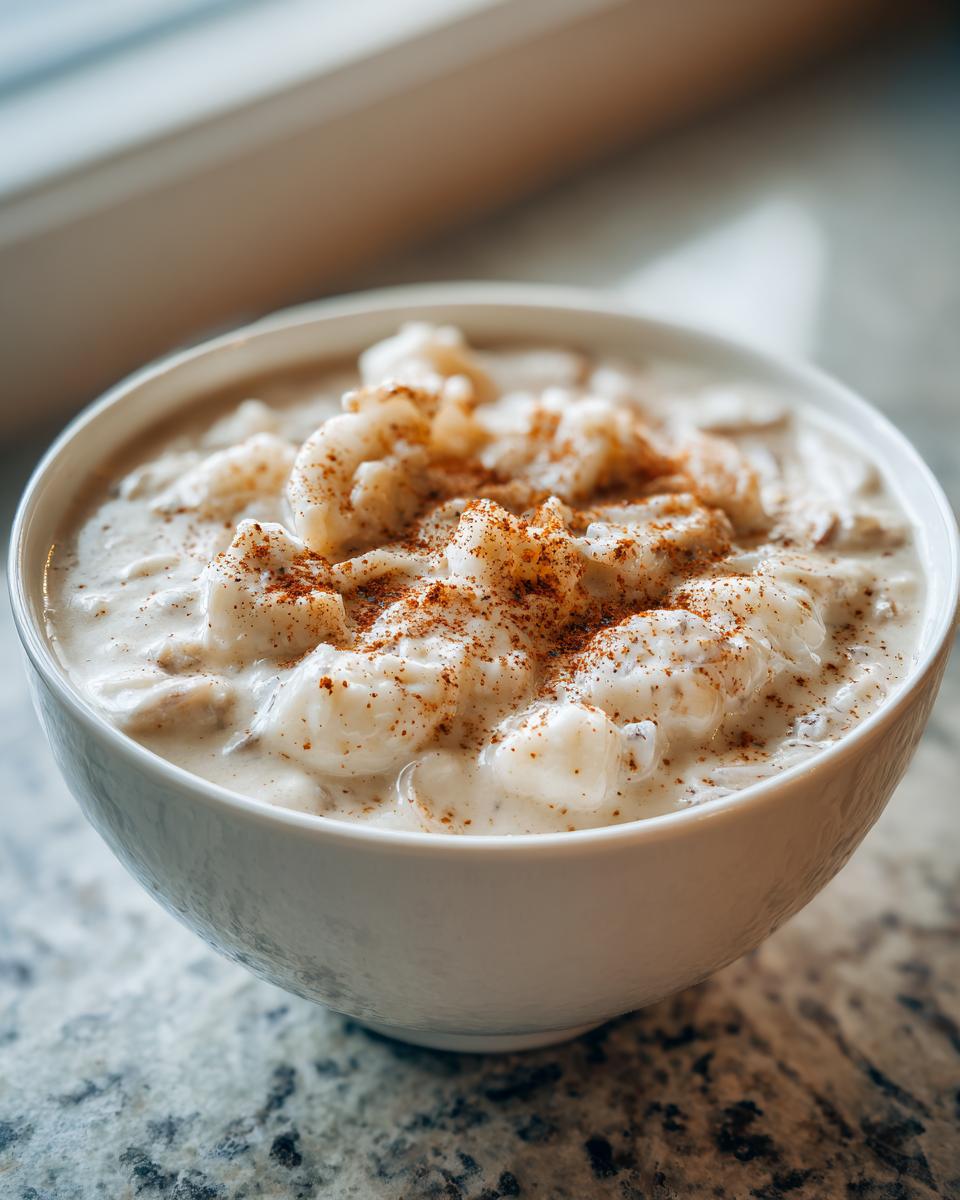Close-up of a creamy, white bowl containing what appears to be a thick crab soup, dusted with paprika or spice.