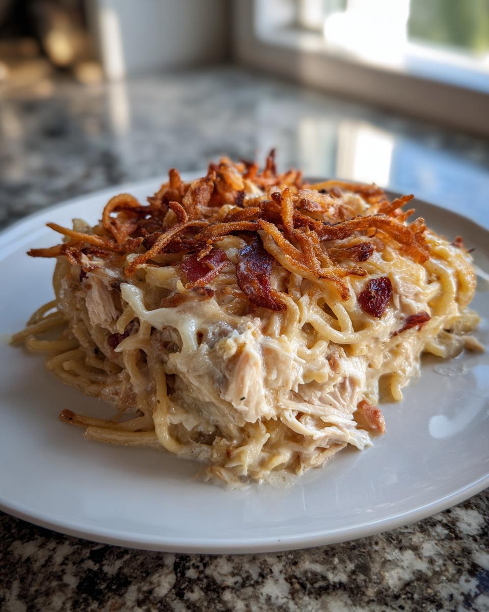 A creamy serving of monterey chicken spaghetti topped with crispy fried onions and bacon bits on a white plate.