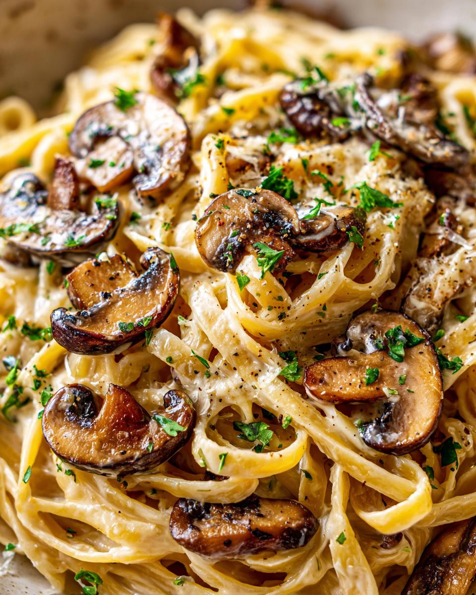 Close-up of creamy mushroom pasta featuring fettuccine coated in a rich sauce, topped with sautéed mushrooms and fresh parsley.