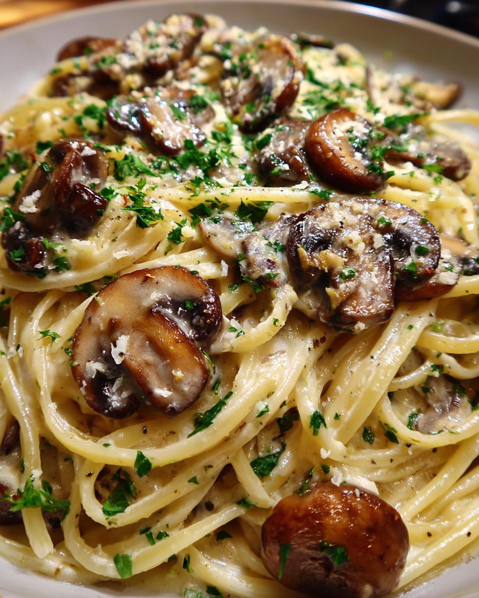 Close-up of creamy mushroom pasta featuring linguine coated in a rich sauce, topped with sautéed mushrooms and fresh parsley.