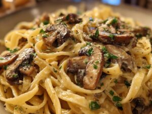 A close-up shot of creamy mushroom pasta featuring fettuccine noodles, sautéed mushrooms, and a sprinkle of parsley.