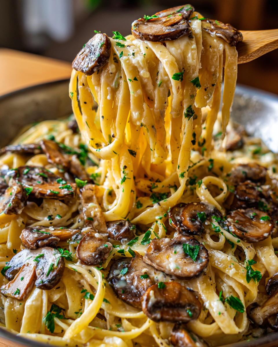 A wooden spoon lifts creamy fettuccine noodles coated in sauce and topped with sautéed mushrooms from a pan of mushroom pasta.