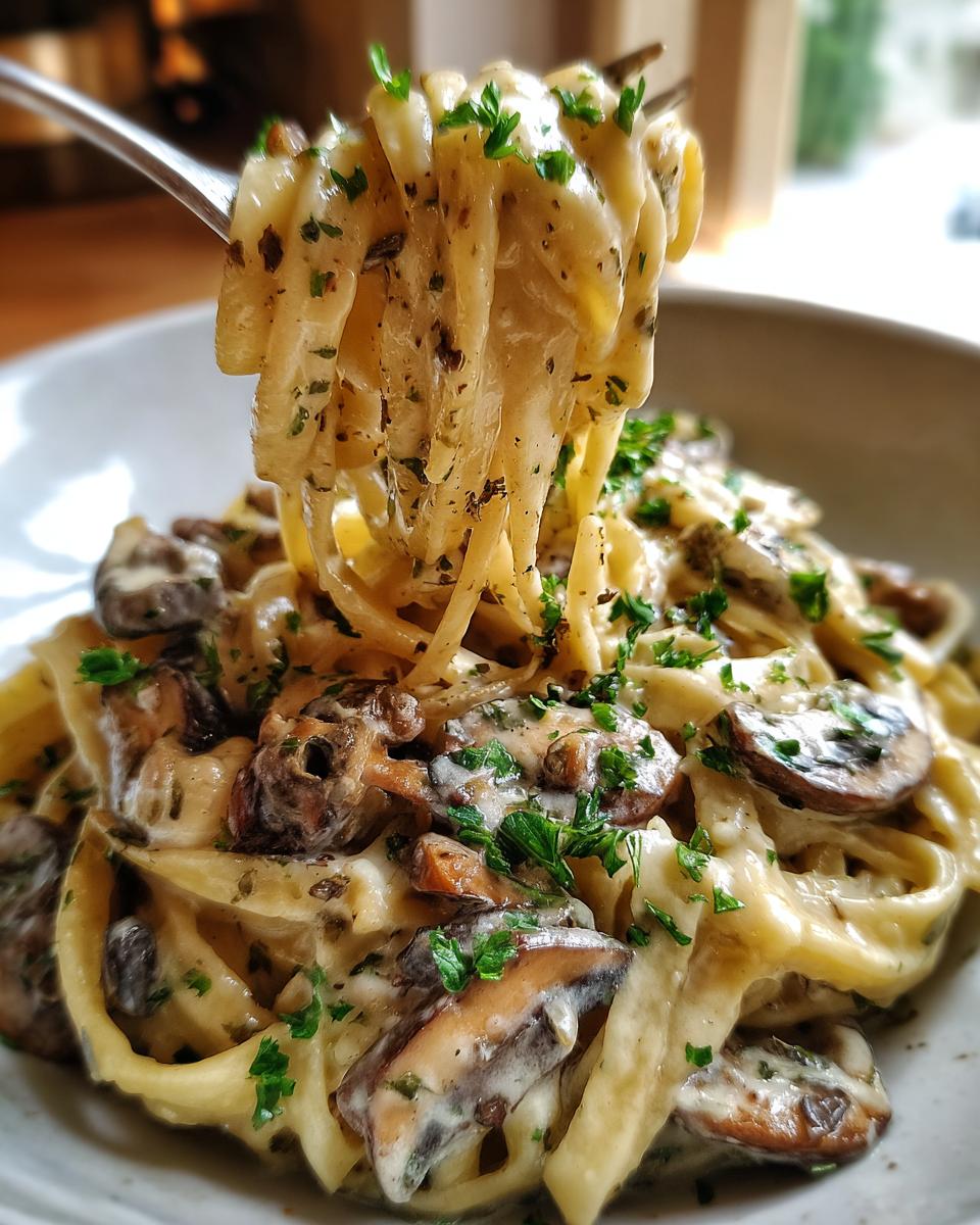 A fork lifts a twirl of fettuccine coated in creamy sauce from a bowl of amazing mushroom pasta.