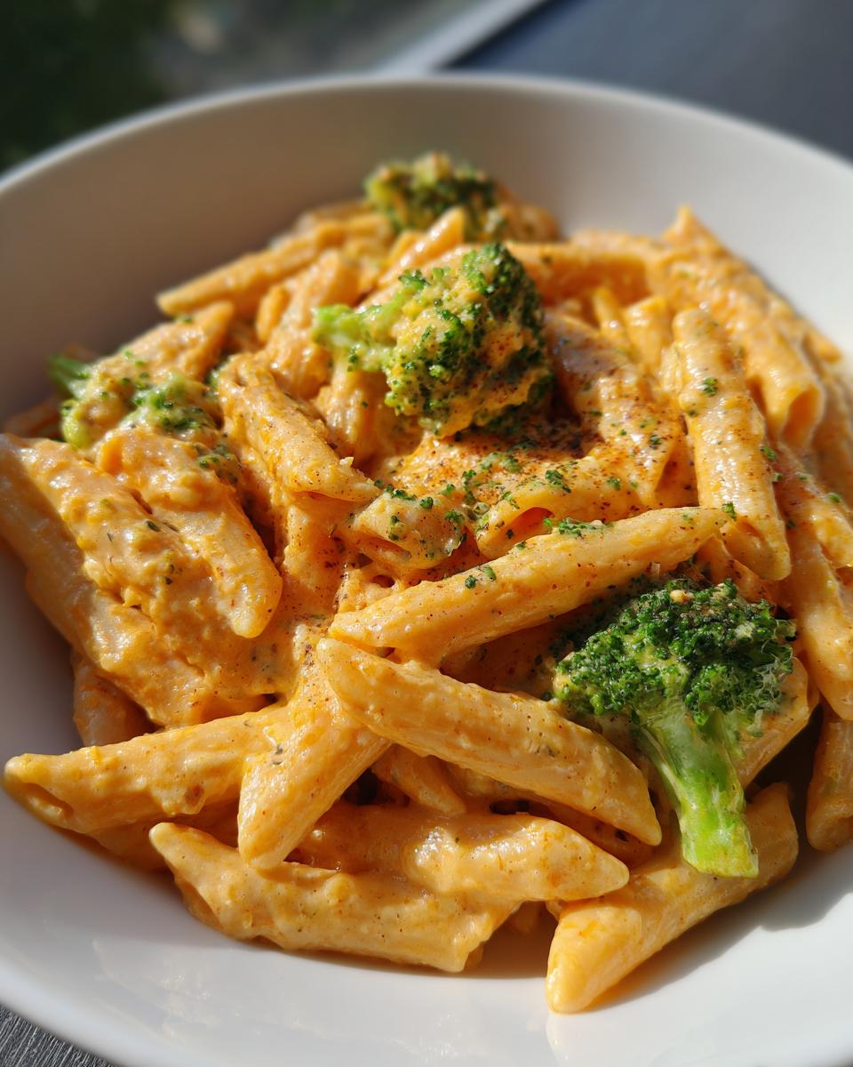 Close-up of creamy, orange-hued broccoli pasta (penne) topped with fresh broccoli florets and herbs.