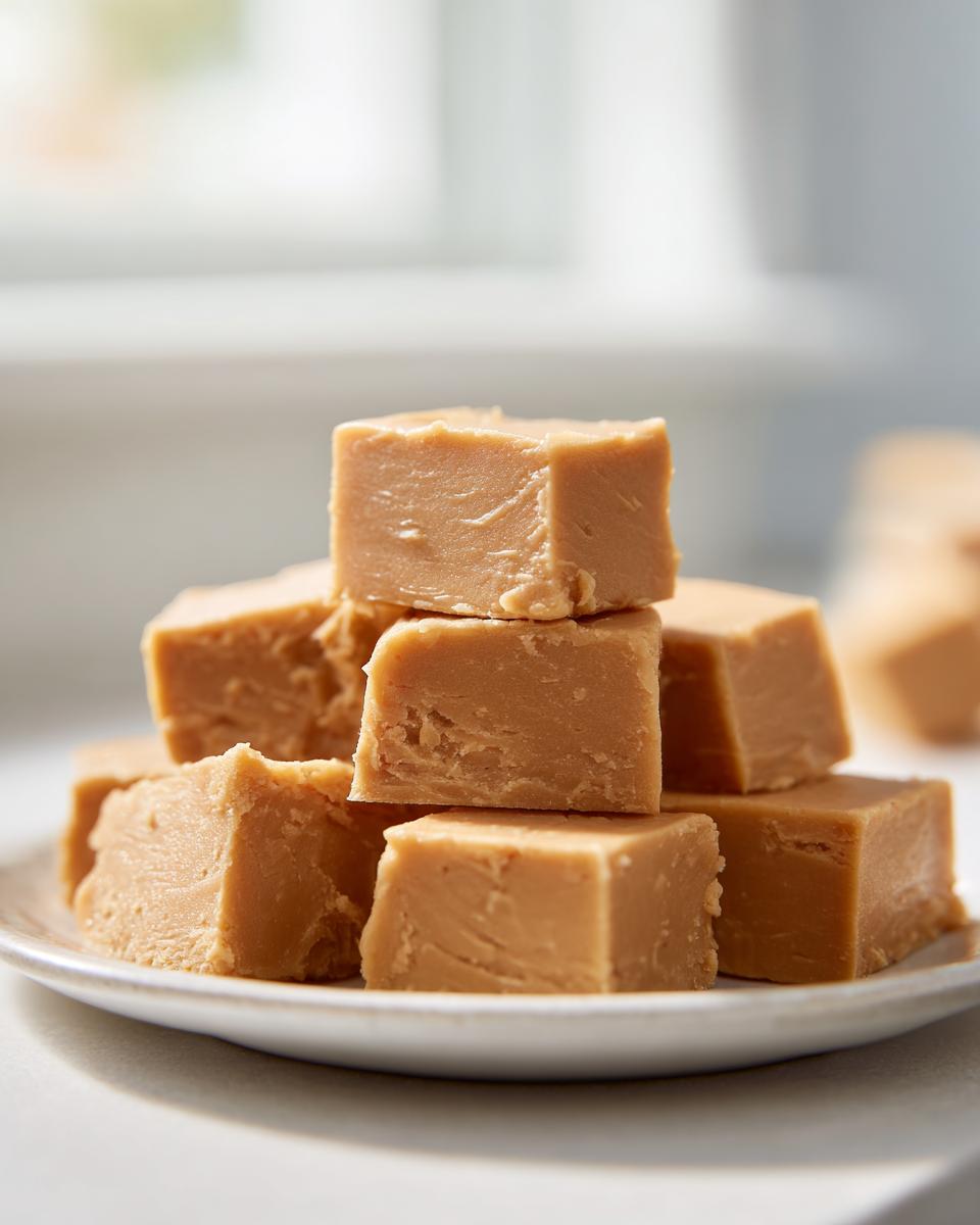 A stack of creamy, light brown squares of homemade peanut butter fudge piled on a small white plate.