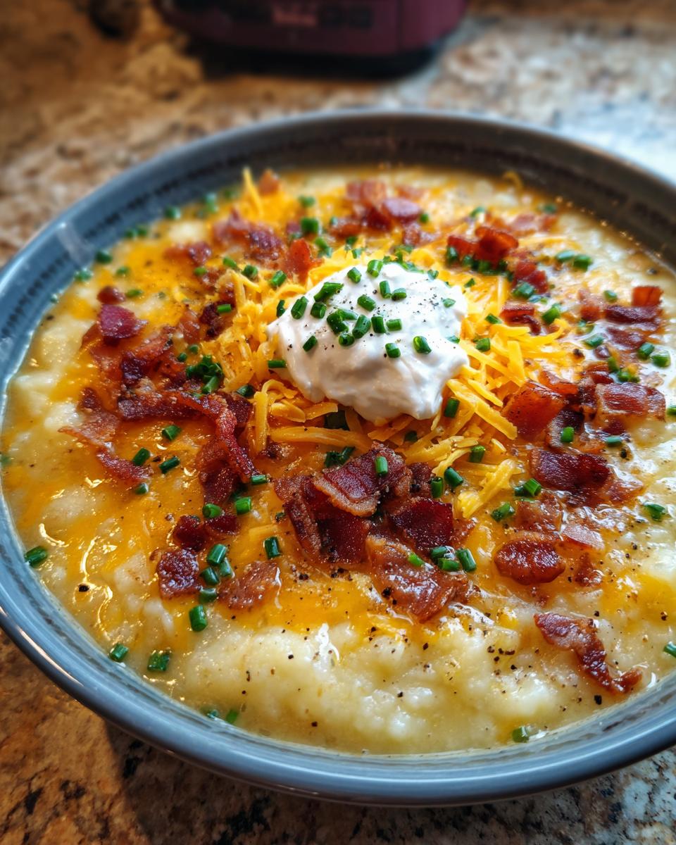 Close-up of a thick, creamy potato soup recipe topped with cheddar cheese, bacon, sour cream, and chives.