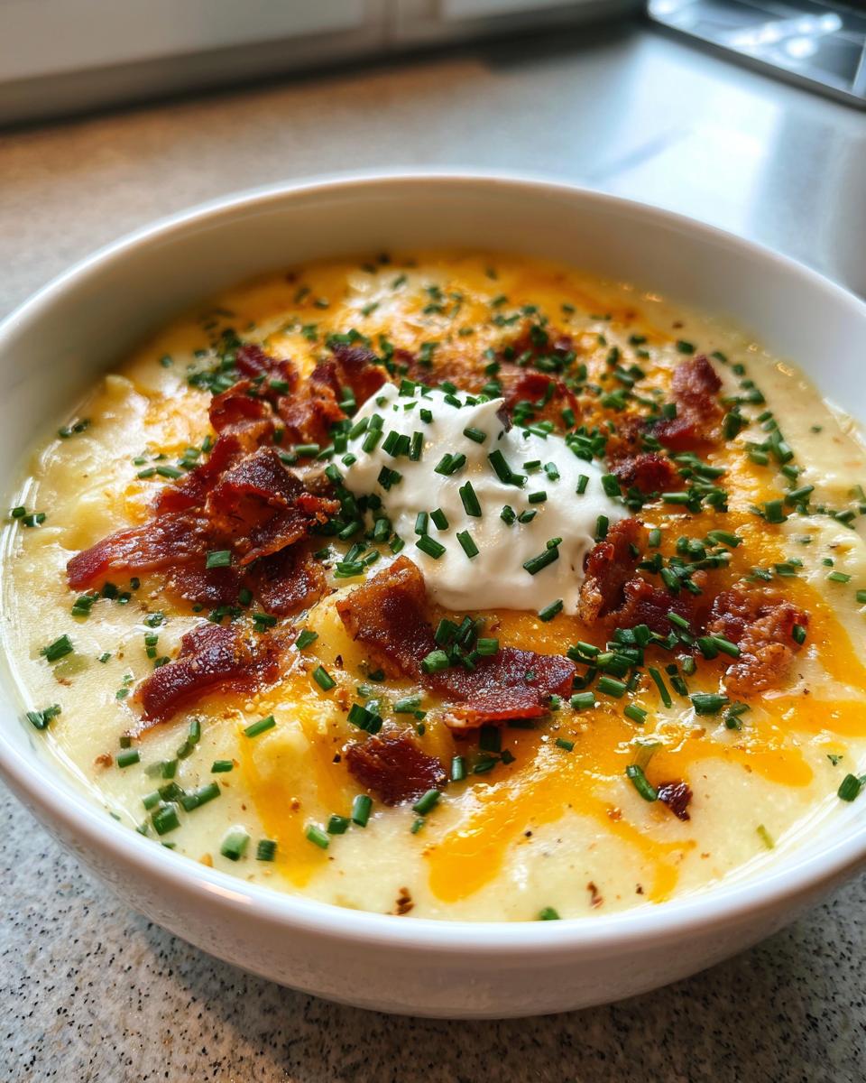 A close-up of a bowl of creamy potato soup recipe topped with melted cheddar, bacon bits, sour cream, and fresh chives.
