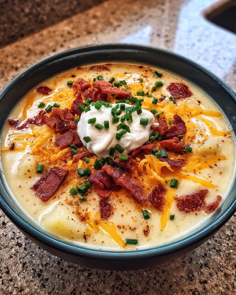 Close-up of a rich, creamy potato soup recipe topped with bacon, shredded cheese, sour cream, and chives.