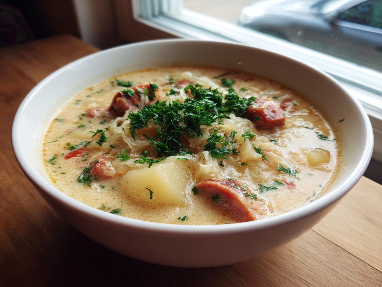 A close-up of a hearty bowl of creamy sauerkraut soup, featuring slices of sausage, potatoes, and fresh parsley garnish.