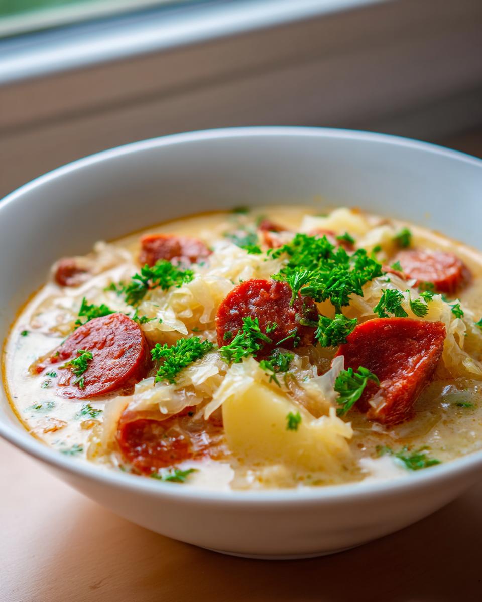 Close-up of a creamy bowl of sauerkraut soup featuring slices of smoked sausage and potatoes, topped with fresh parsley.