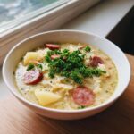 A close-up of a white bowl filled with creamy sauerkraut soup, featuring slices of smoked sausage and topped with fresh parsley.