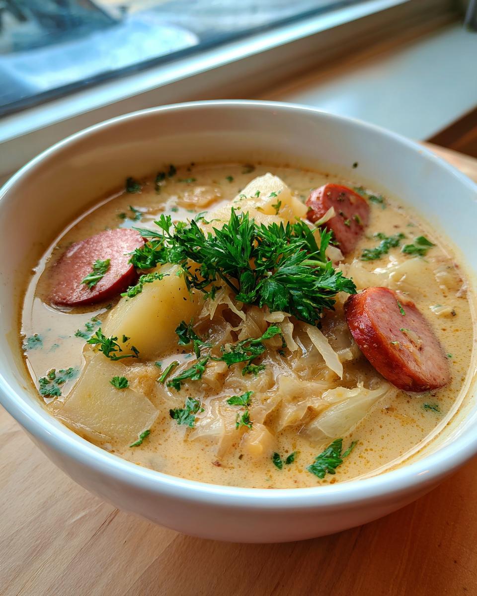 A close-up of a bowl of creamy sauerkraut soup featuring slices of smoked sausage, potatoes, and fresh parsley garnish.