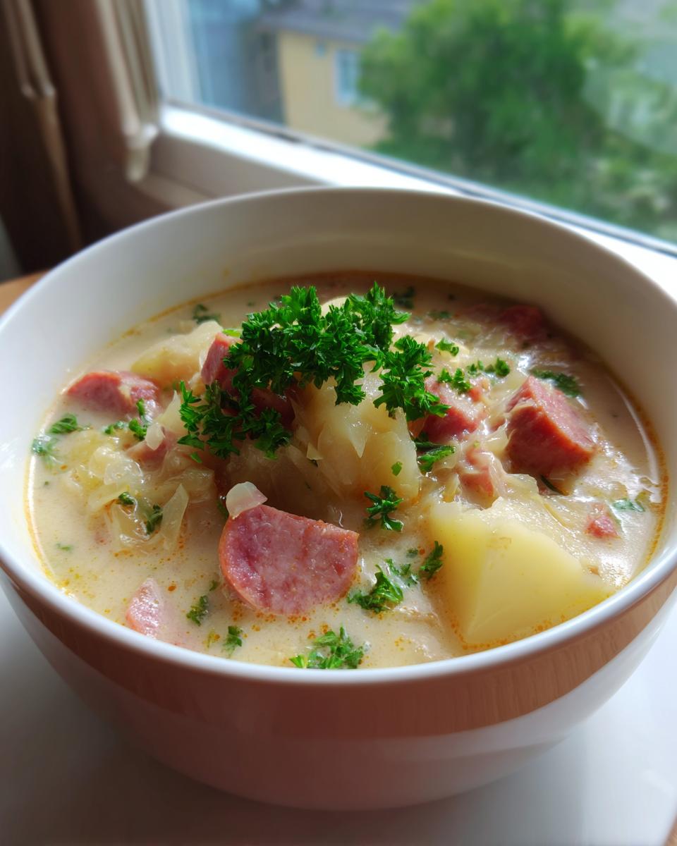 A close-up of a hearty bowl of creamy sauerkraut soup containing chunks of sausage and potatoes, garnished with fresh parsley.