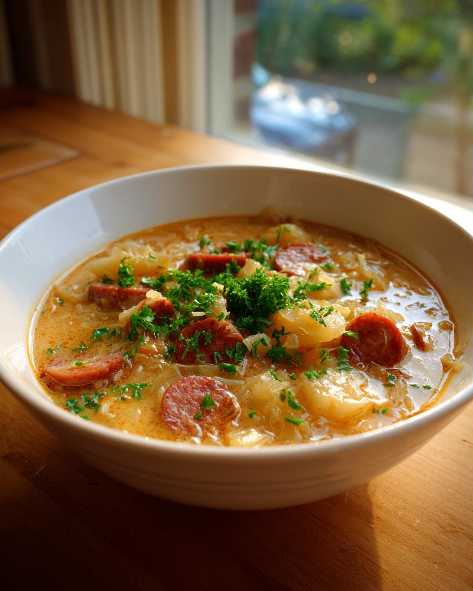 A close-up of a creamy bowl of sauerkraut soup topped with sliced smoked sausage and fresh parsley.