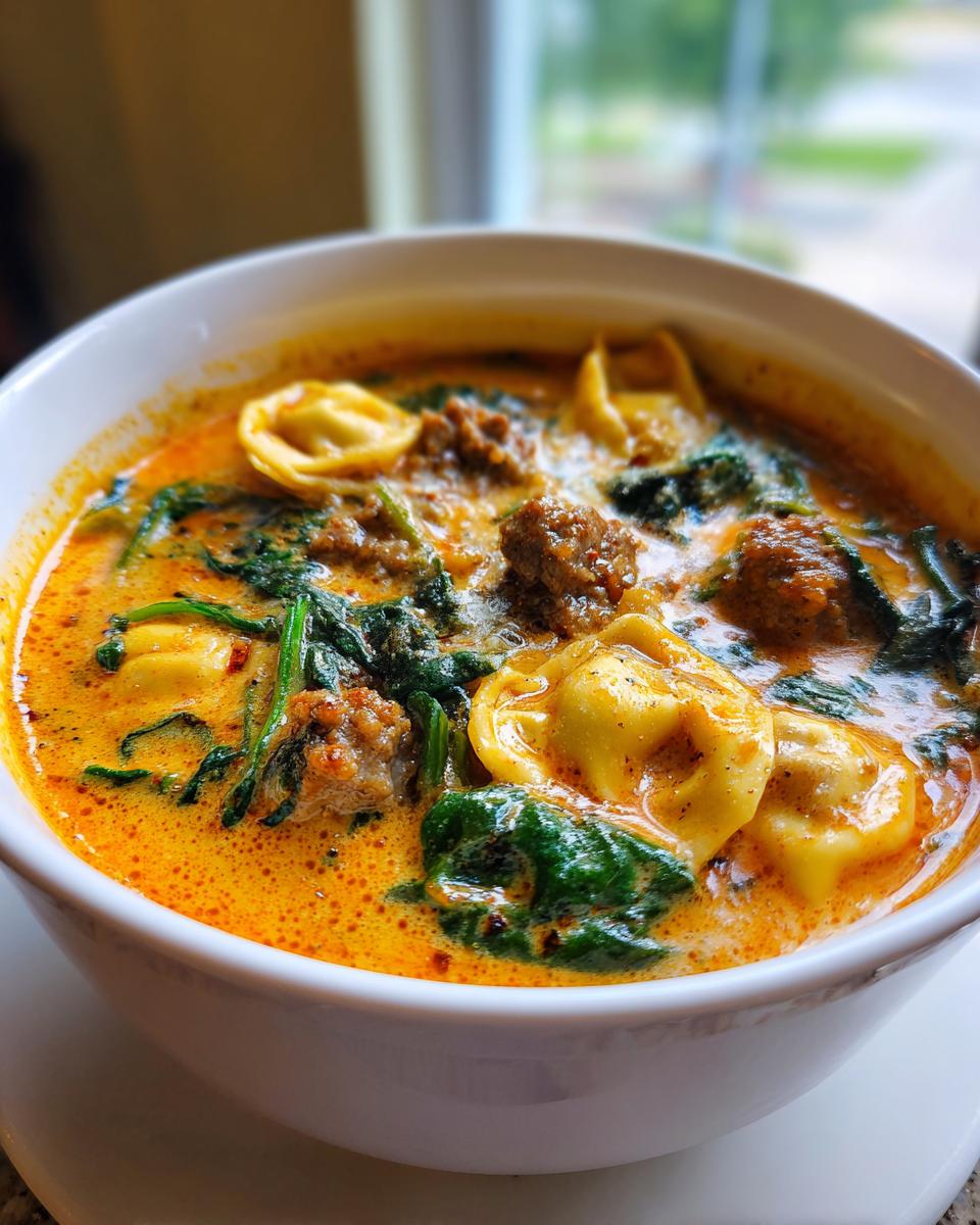 Close-up of a creamy, orange-hued sausage tortellini soup filled with tortellini pasta, crumbled sausage, and wilted spinach.