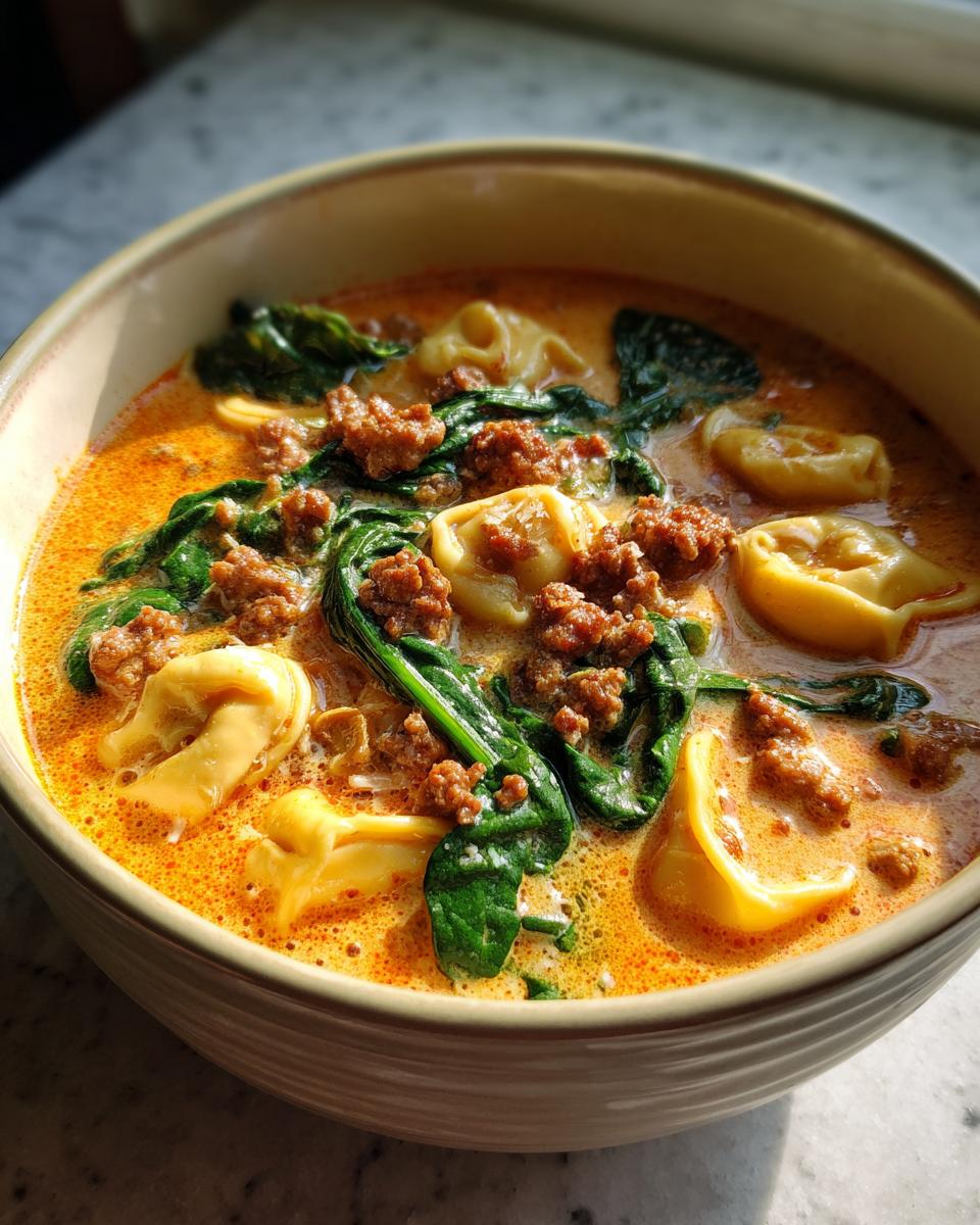 Close-up of a bowl of creamy sausage tortellini soup featuring bright orange broth, tortellini pasta, crumbled sausage, and wilted spinach.