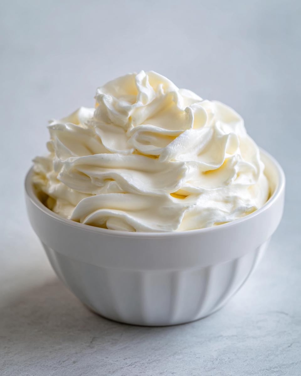 A small white bowl filled with fluffy, piped white cream, possibly a component for the amazing 10-minute garlic sauce.