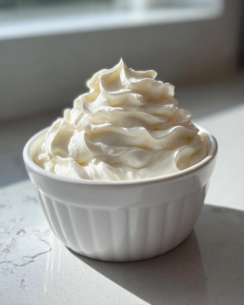 A white ramekin filled with perfectly piped, creamy white topping, possibly sour cream or whipped cheese, for the amazing 10-minute garlic sauce.